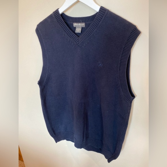 Eddie Bauer Sweater Vest Mens Large Tall Navy Blue V Neck 100% Cotton Knit - Picture 2 of 5